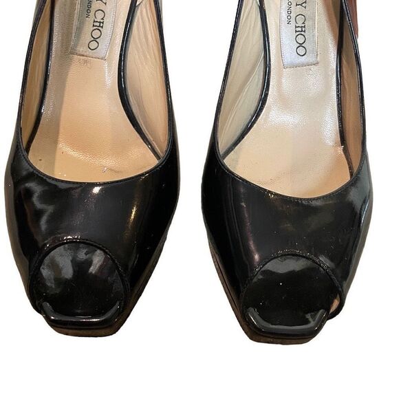 Jimmy Choo Black Patent Leather Peep Toe Platform Sandals | 9.5 - Picture 6 of 11